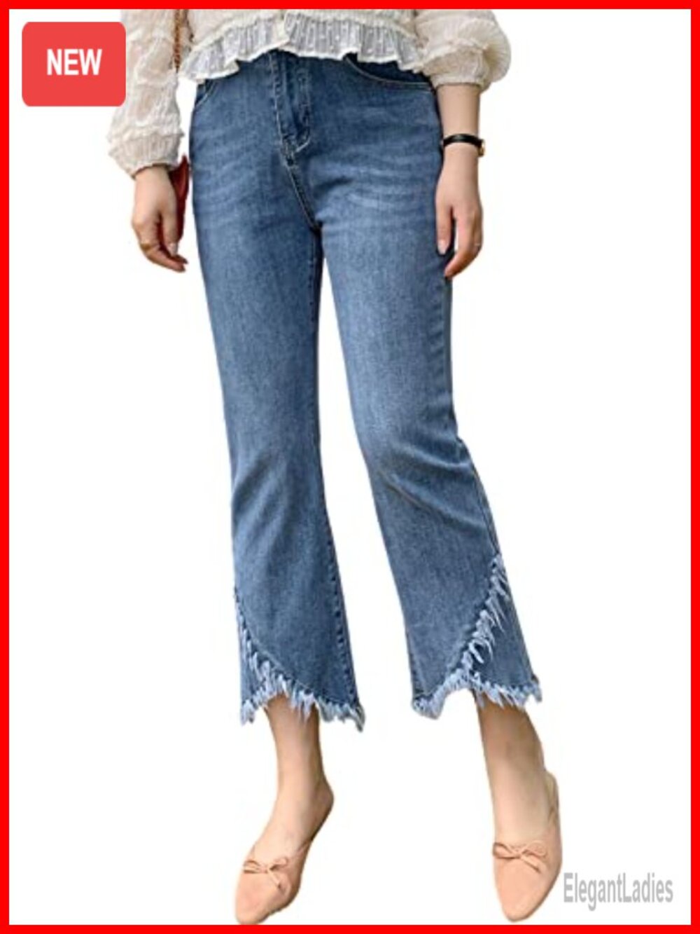 Women's Distressed Frayed Hem Cropped Jeans High Rise Ripped Stretch Denim